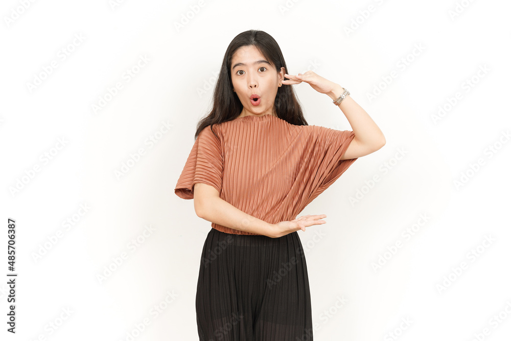 Measuring and Showing Big Sign Product Of Beautiful Asian Woman Isolated On White Background Measuring and Showing Big Sign Product Of Beautiful Asian Woman Isolated On White Background