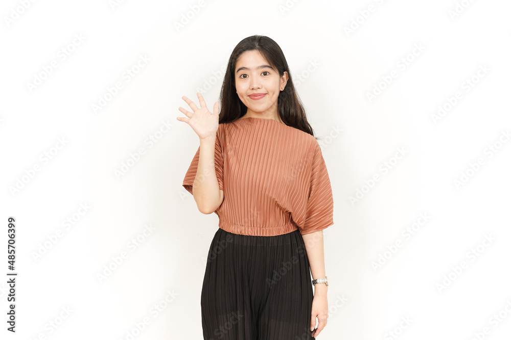 Hi Greeting or Waving at Camera Of Beautiful Asian Woman Isolated On White Background Hi Greeting or Waving at Camera Of Beautiful Asian Woman Isolated On White Background