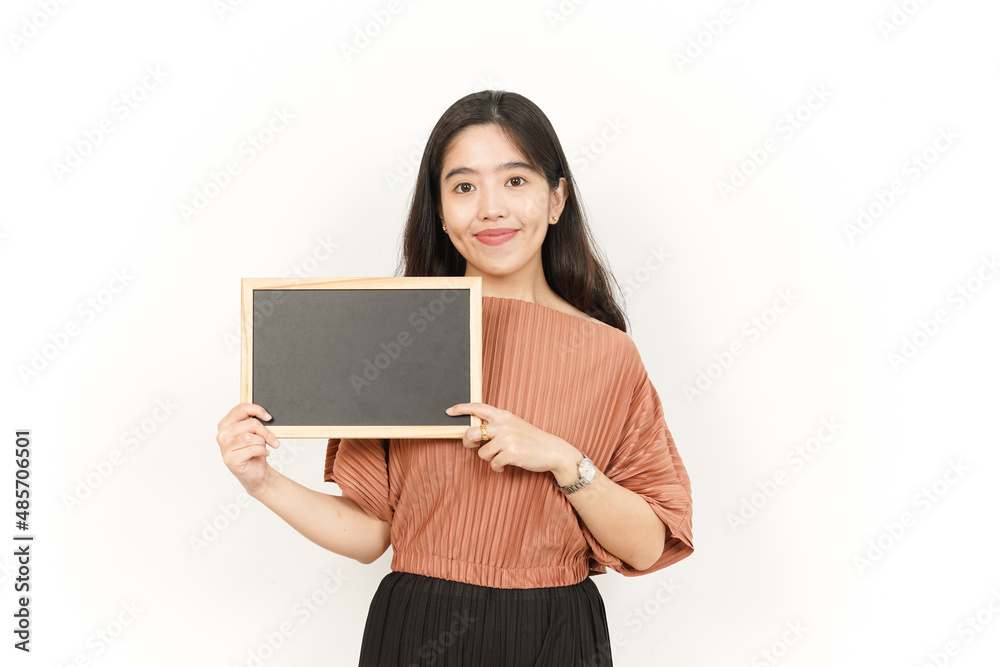 Showing, Presenting and holding Blank Blackboard Of Beautiful Asian Woman Isolated On White Showing, Presenting and holding Blank Blackboard Of Beautiful Asian Woman Isolated On White