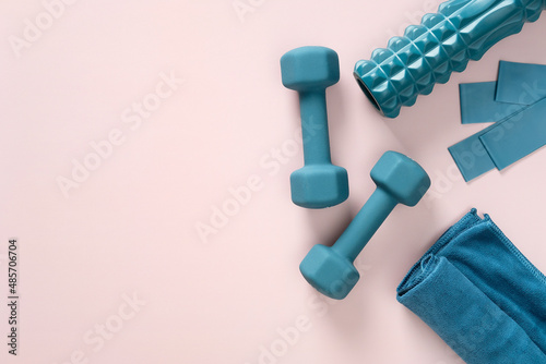 Obraz na plátně Workout equipment for training at home top view