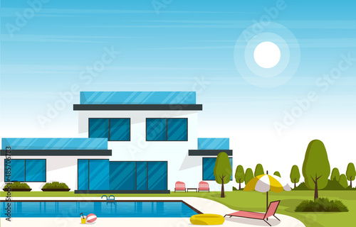 Outdoor Swimming Pool Luxury House Leisure Relaxation Flat Design Illustration