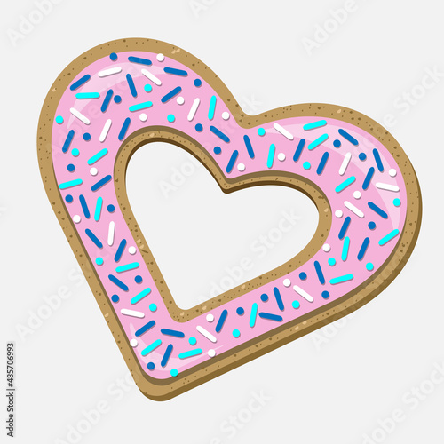 Vector top view pink heart shaped cookie with confectionery topping.