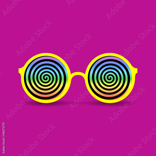 Funny crazy round-rimmed eyeglasses with colored hypnotic spirals