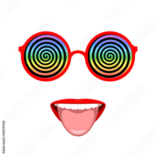 Funny glasses with hypnotic spirals and mouth with tongue sticking out