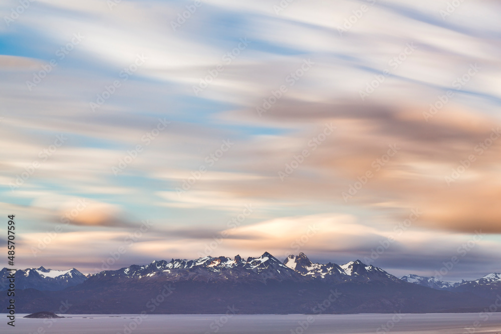 Andes Mountain Range in Chile seen from Ushuaia, the southern most city in the world, Tierra del Fuego, Patagonia, Argentina, background with copy space, South America, background with copy space