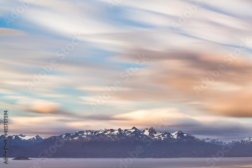 Andes Mountain Range in Chile seen from Ushuaia, the southern most city in the world, Tierra del Fuego, Patagonia, Argentina, background with copy space, South America, background with copy space
