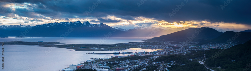 Andes Mountains with dramatic sunset clouds and sky at Ushuaia, the southern most city in the world, Tierra del Fuego, Patagonia, Argentina, South America