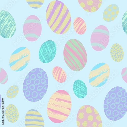 Colourful Easter eggs arranged in a seamless pattern against a blue background.