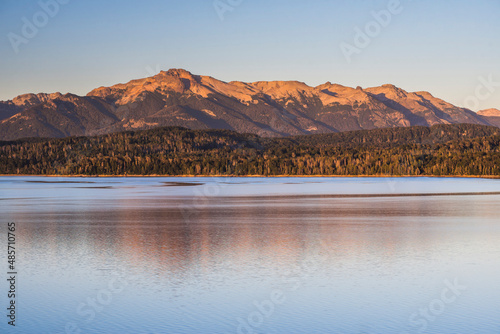 Nahuel Huapi Lake at first morning light, Villa la Angostura, Neuquen, Patagonia, Argentina, background with copy space, South America, background with copy space