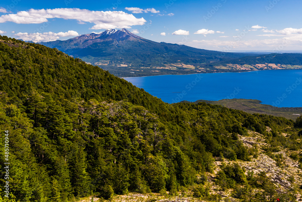Calbuco Volcano (left) and Llanquihue Lake, Chilean Lake District, Chile, South America