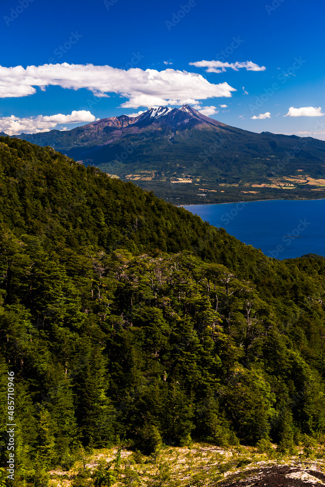 Fototapeta premium Calbuco Volcano (left) and Llanquihue Lake, Chilean Lake District, Chile, South America