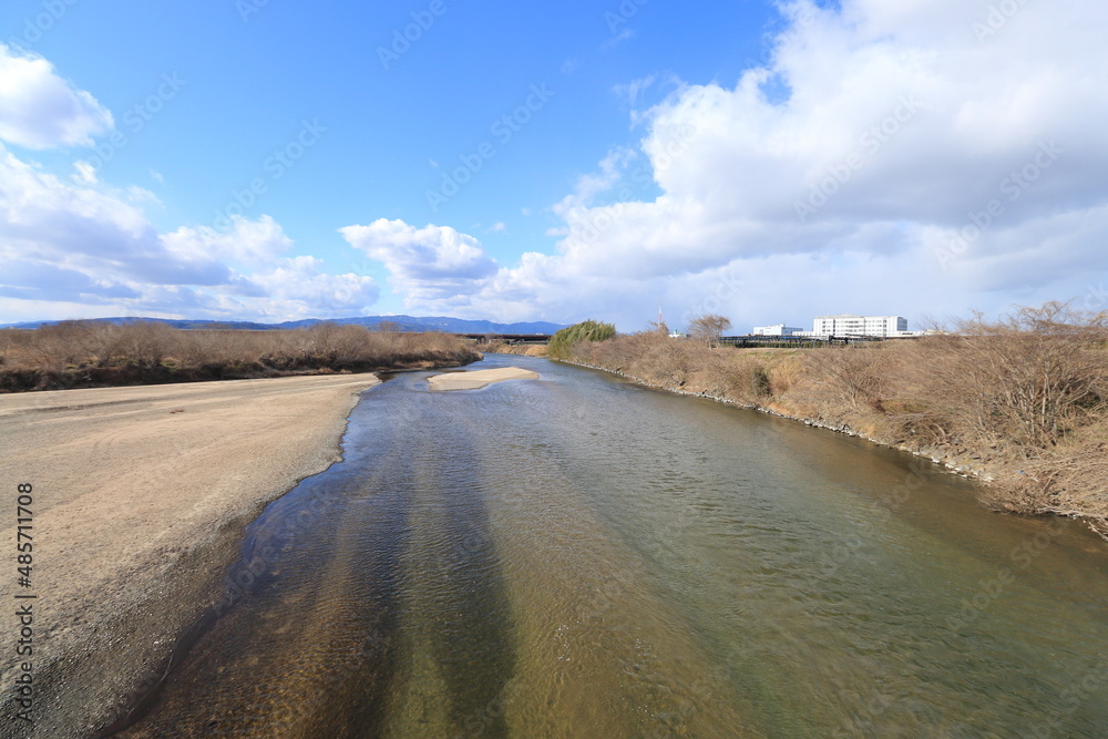 京都府木津川と河川敷の風景 京都府木津川と河川敷の風景
