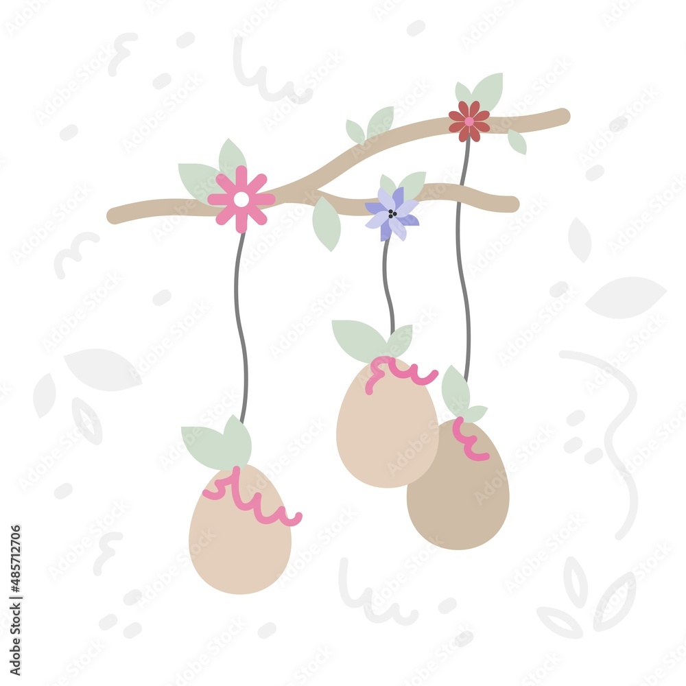 Vector ester cute flat Illustration with composition of twigs and easter eggs, leafs, flowers and simple doodle on white background for card or print. Vector ester cute flat Illustration with composition of twigs and easter eggs, leafs, flowers and simple doodle on white background for card or print.
