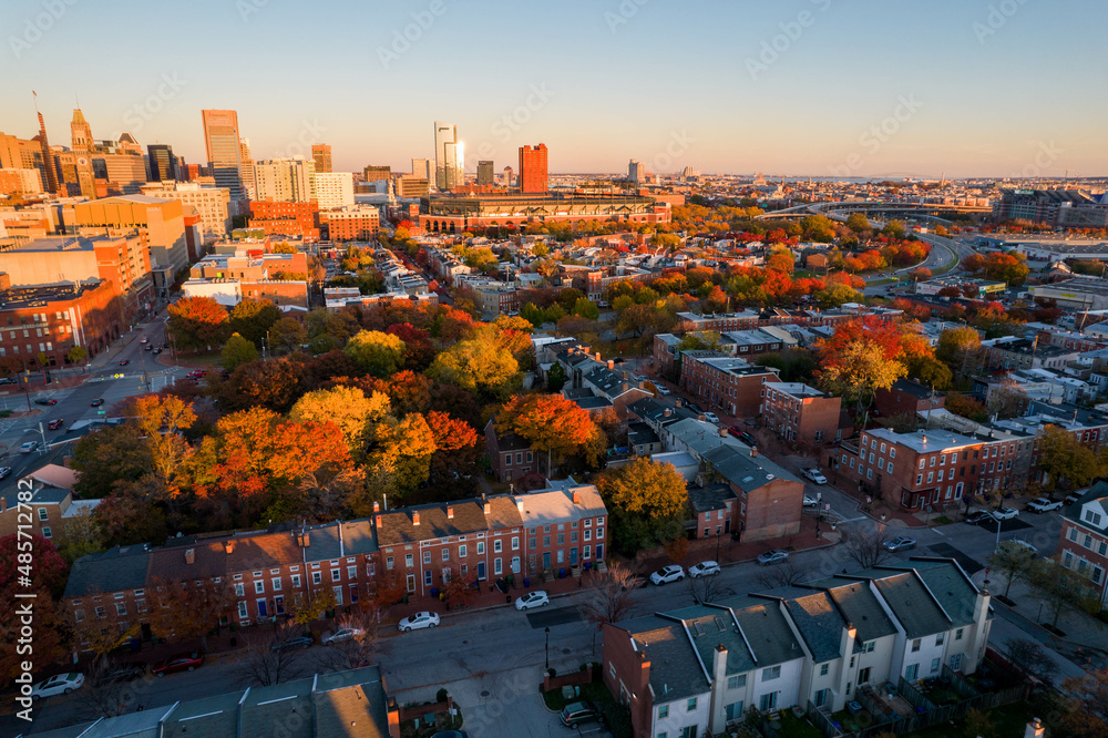 Aerial Drone View of Baltimore City Buildings at Sunset