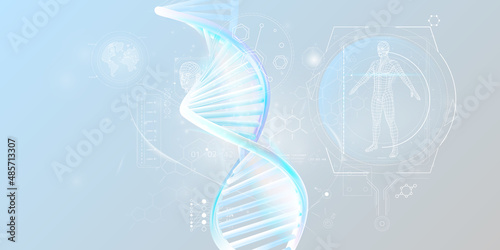 DNA double helix and human research infographic data.