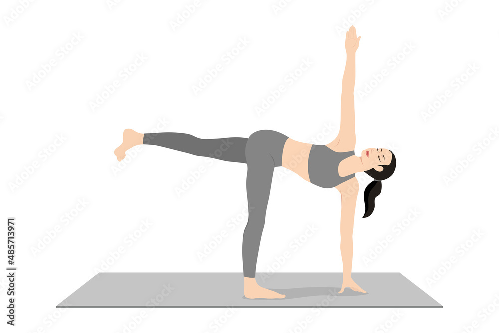 Revolved Half Moon Pose. Beautiful girl practice Parivrtta Ardha Chandrasana. Young attractive woman practicing yoga exercise. working out, black wearing sportswear, grey pants and top, indoor full