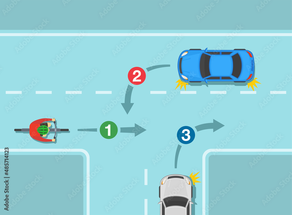 Traffic regulating rules and tips. Safety bicycle and car driving. Giving way to an oncoming cyclist going straight on. Flat vector illustration template. Traffic regulating rules and tips. Safety bicycle and car driving. Giving way to an oncoming cyclist going straight on. Flat vector illustration template.