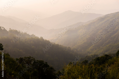 Sunset in the mountains near Mrauk U in the Rakhine State  Myanmar  Burma 