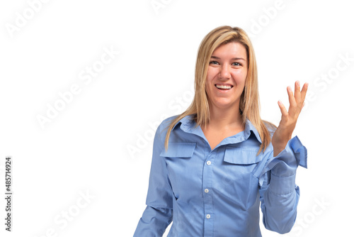 Young business woman waving hand explaining isolated