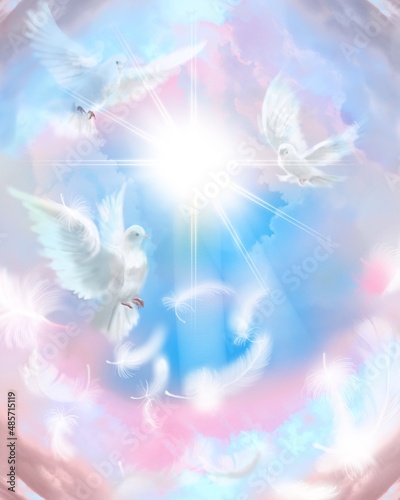 Illustration of The flying three white doves around clouds leading to shining heaven and the background of beautiful pastel color   s sky and fluffy feathers 