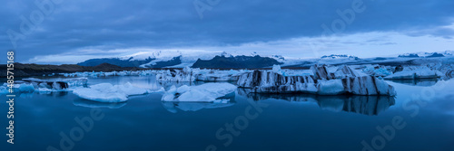 Icebergs in Jokulsarlon Glacier Lagoon at night, South East Iceland, Europe