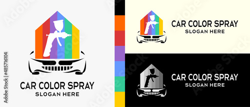 car paint logo design template. paint spray gun silhouette, car and house icon in rainbow colors concept. premium vector