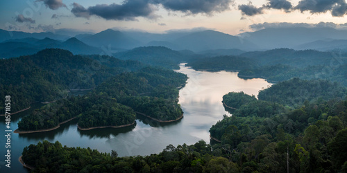 Kland Gate Dam Reservoir at sunrise seen from Bukit Tabur Mountain, Kuala Lumpur, Malaysia, Southeast Asia © Matthew