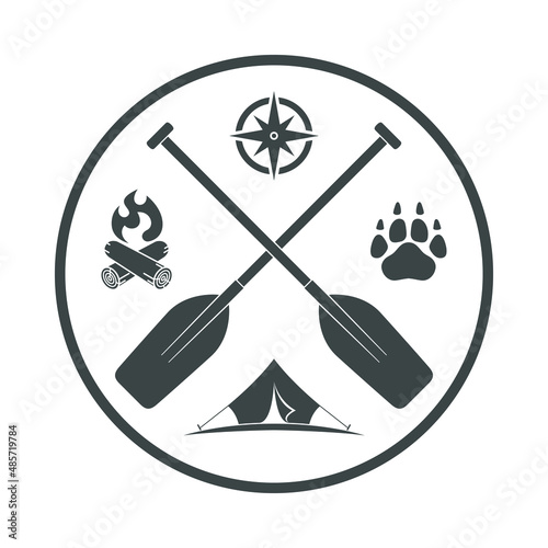 Outdoor adventures graphic symbol. Camping emblem isolated on white background. Vector illustration