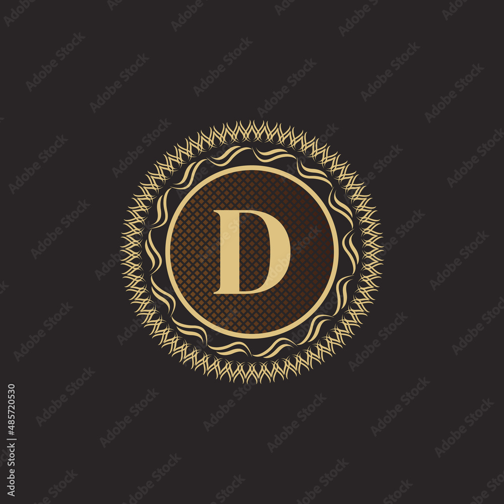 Fototapeta premium Emblem Letter D Gold Monogram Design. Luxury Volumetric Logo Template. 3D Line Ornament for Business Sign, Badge, Crest, Label, Boutique Brand, Hotel, Restaurant, Heraldic. Vector Illustration