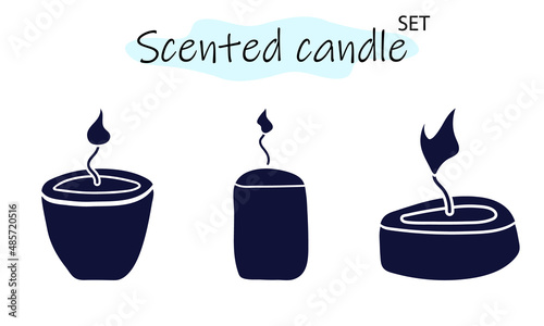 A set of scented candles with a burning fire. Candles for interior, lighting and romantic dates. Aromatherapy. Vector illustration in solid monochrome design on a white background.