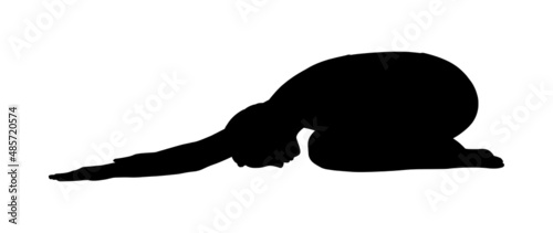 Relaxing yoga pose. Woman silhouette in balasana or extended childs pose. Vector illustration isolated in white background