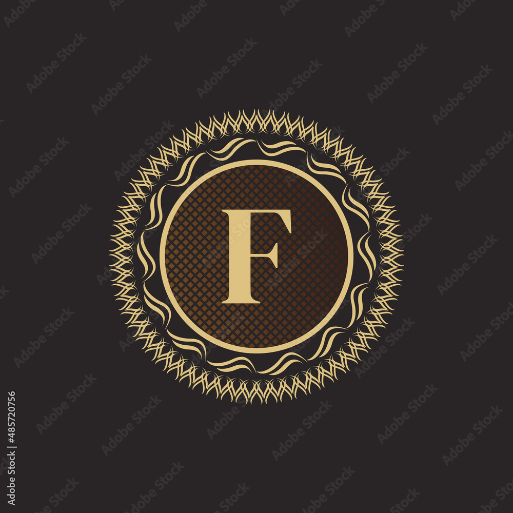 Naklejka premium Emblem Letter F Gold Monogram Design. Luxury Volumetric Logo Template. 3D Line Ornament for Business Sign, Badge, Crest, Label, Boutique Brand, Hotel, Restaurant, Heraldic. Vector Illustration