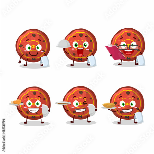 happy red cookies pig waiter cartoon character holding a plate