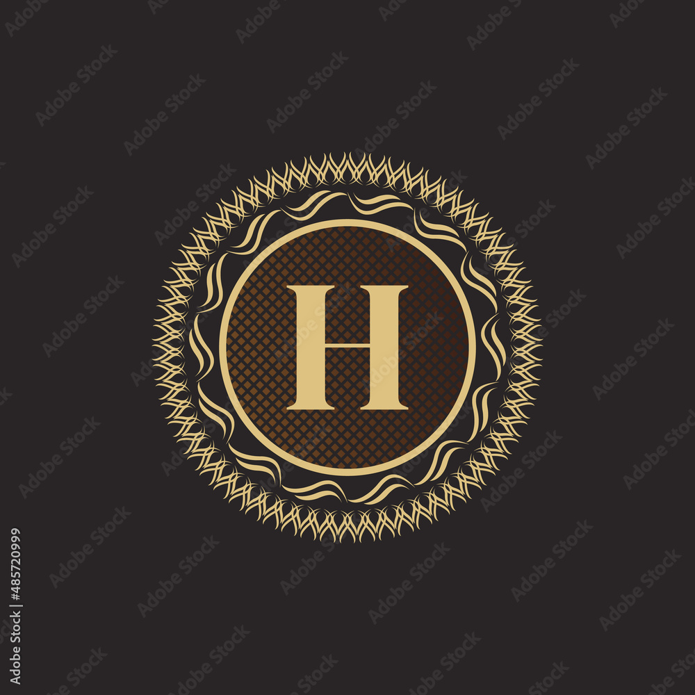 Naklejka premium Emblem Letter H Gold Monogram Design. Luxury Volumetric Logo Template. 3D Line Ornament for Business Sign, Badge, Crest, Label, Boutique Brand, Hotel, Restaurant, Heraldic. Vector Illustration