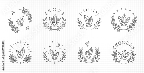 Mystical moon crystal, line art vector logo. Boho crystal clipart, editable stroke