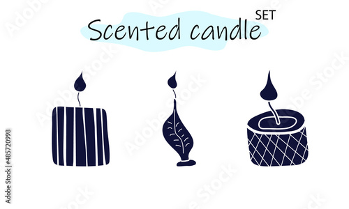 A set of scented candles with a burning fire. Candles for interior, lighting and romantic dates. Aromatherapy. Vector illustration in solid monochrome design on a white background.