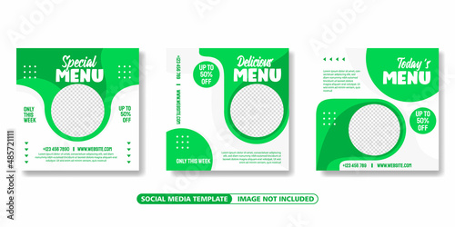 Set of Editable social media template. white and green background color with shape. Suitable for social media posts, Instagram, and web internet ads. Vector illustration with photo