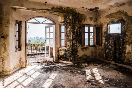 Ruins of Abandoned, derelict old buildings of a Hotel Complex at Agonda, broken, damaged and ruined, Goa, India