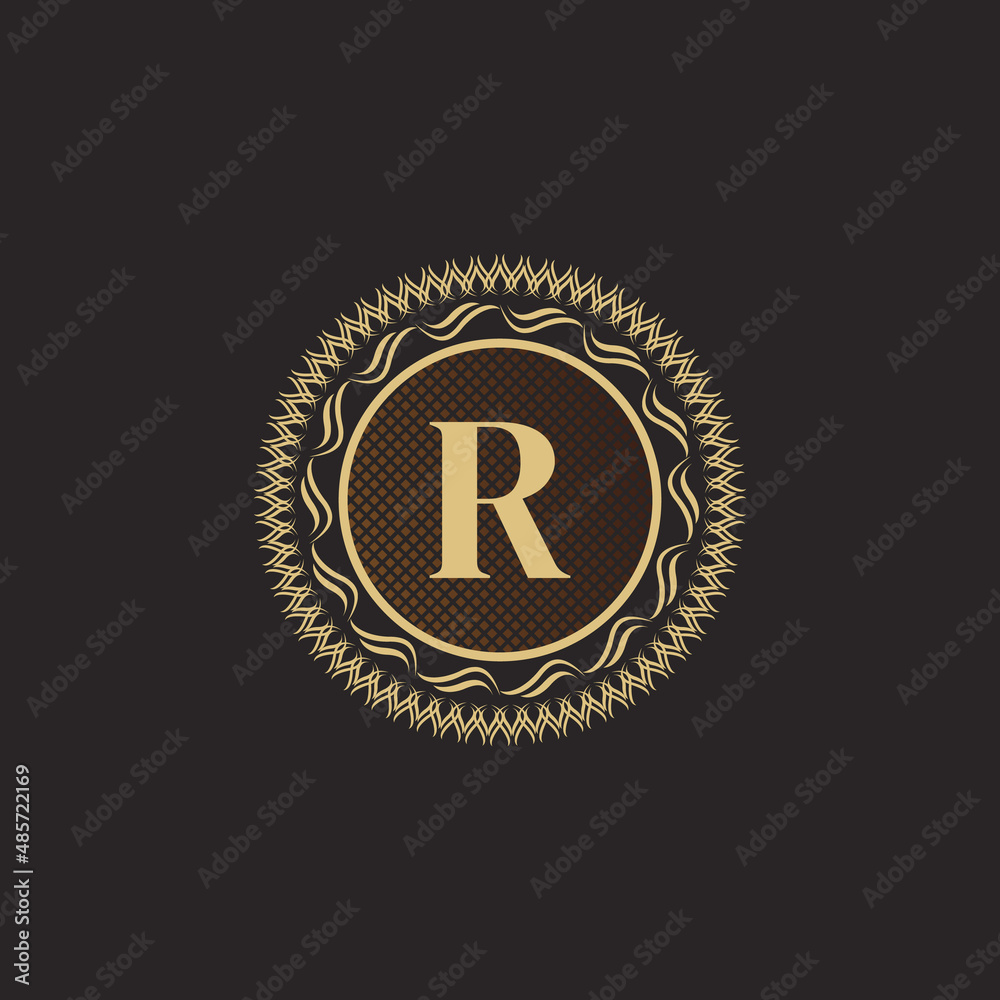 Naklejka premium Emblem Letter R Gold Monogram Design. Luxury Volumetric Logo Template. 3D Line Ornament for Business Sign, Badge, Crest, Label, Boutique Brand, Hotel, Restaurant, Heraldic. Vector Illustration