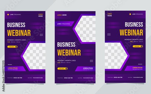 Set of business webinar social media stories template with purple geometric background and hexagon frame