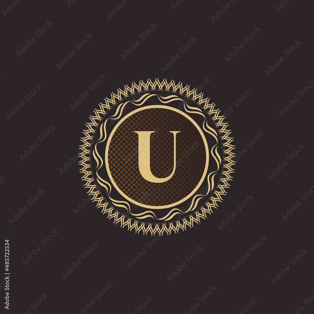Fototapeta premium Emblem Letter U Gold Monogram Design. Luxury Volumetric Logo Template. 3D Line Ornament for Business Sign, Badge, Crest, Label, Boutique Brand, Hotel, Restaurant, Heraldic. Vector Illustration