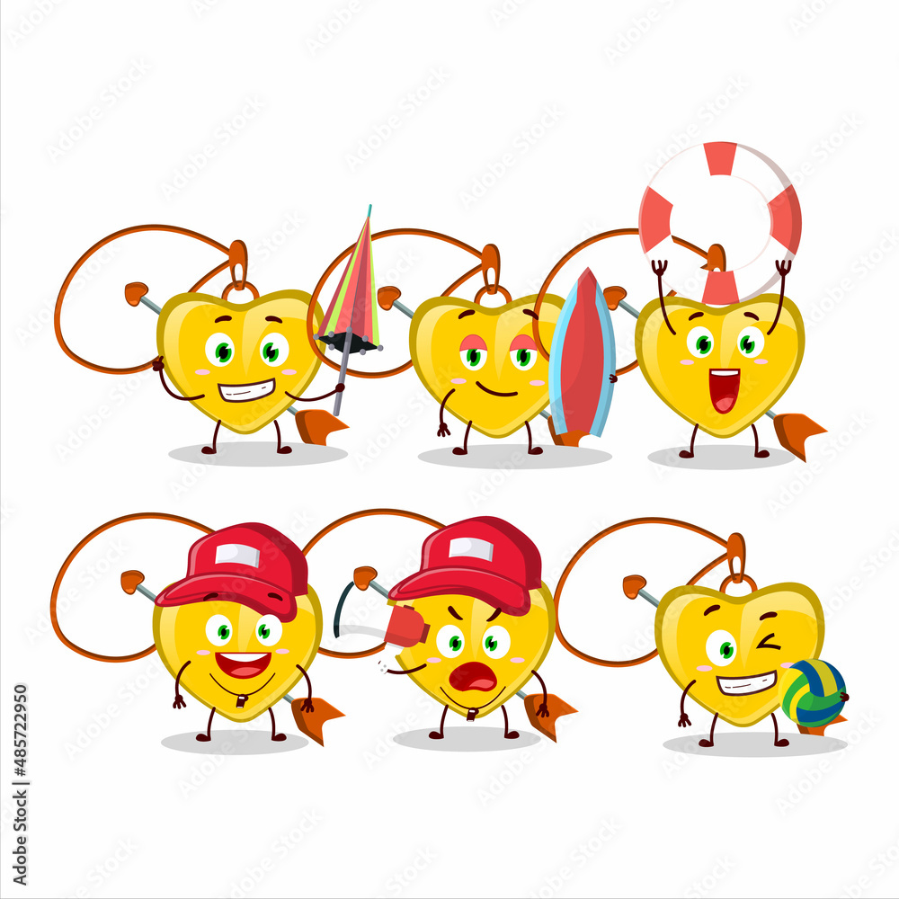 Obraz premium Happy Face yellow heart arrow necklace cartoon character playing on a beach