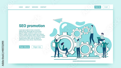SEO promotion.Teamwork and business promotion.An illustration in the style of a green landing page.