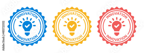Innovation label stamp icon set. Innovation seal with lightbulb symbol isolated on white background.