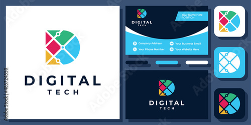 Initial Letter D Colorful Technology Digital Modern Monogram Vector Logo Design with Business Card