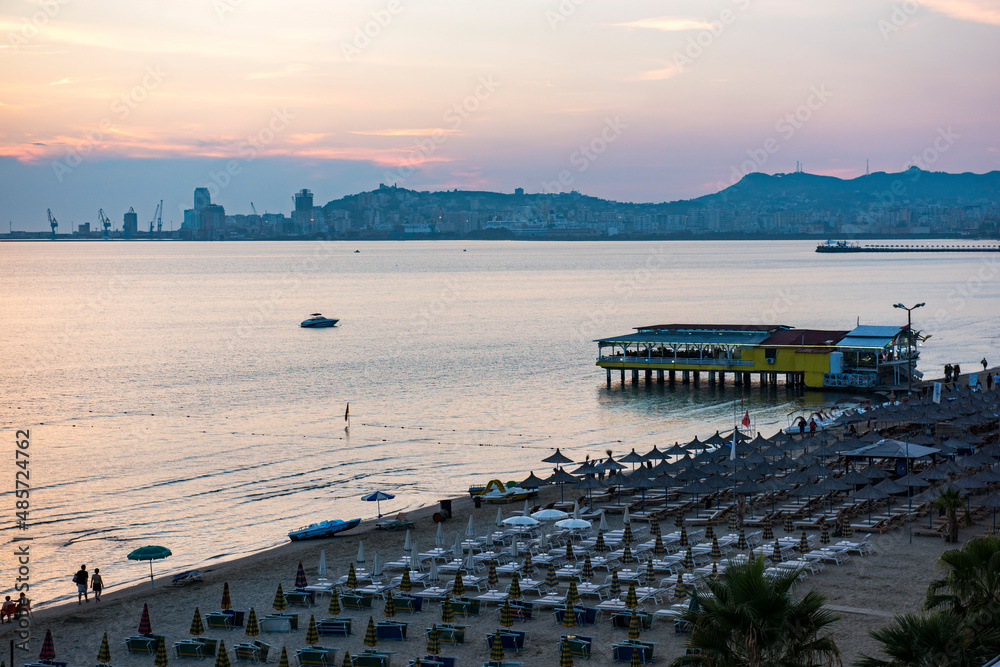 Obraz premium Beach at sunset, Durres (aka Epidamnos and Dyrrachium), Adriatic Coast, Albania, Europe
