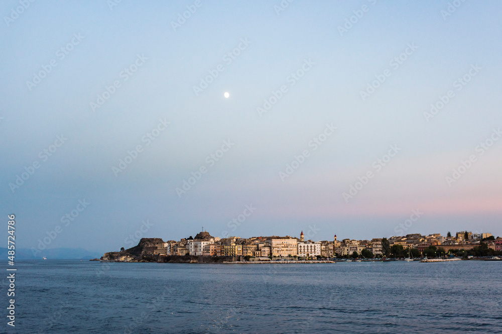 Moon over Corfu Island, Europe, background with copy space