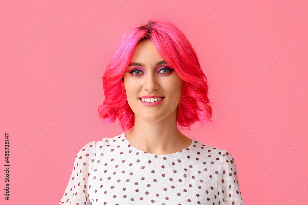 Stylish woman with bright hair on color background Stylish woman with bright hair on color background