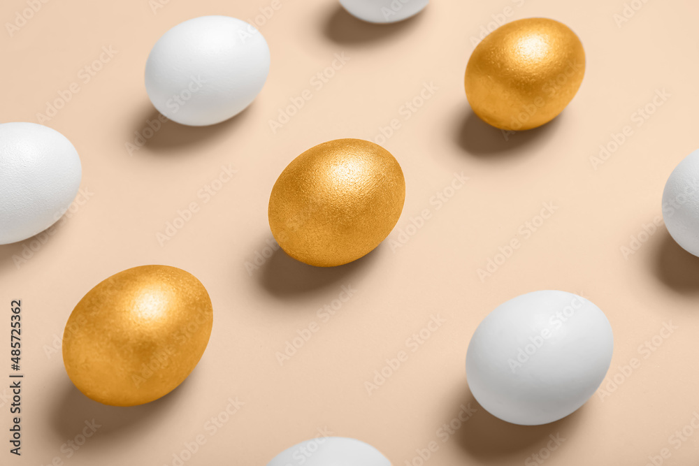 Many Easter eggs on color background, closeup