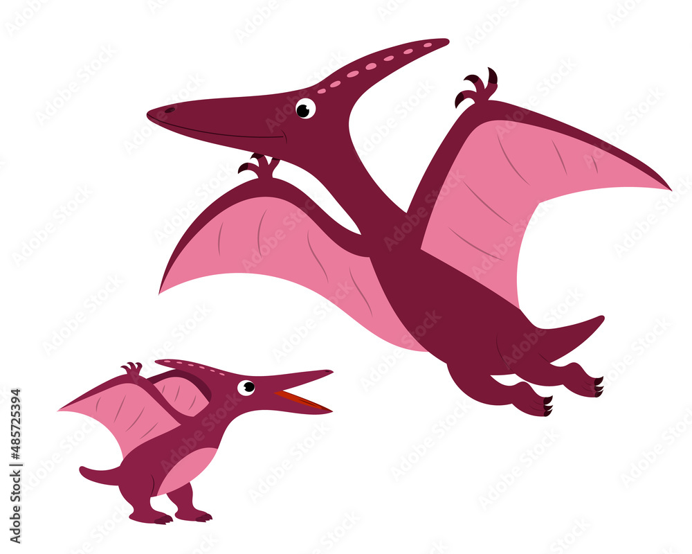 Fototapeta premium A set of cute cartoon pterodactyl dinosaurs, baby and adult dinosaur. vector isolated on a white background